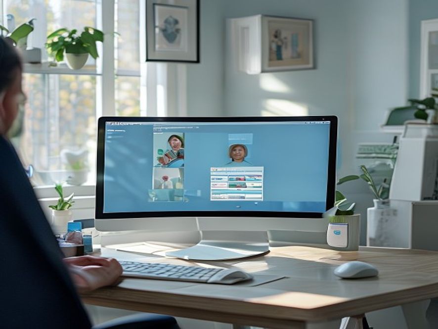 Computer screen showing video call in a calm, organised home office